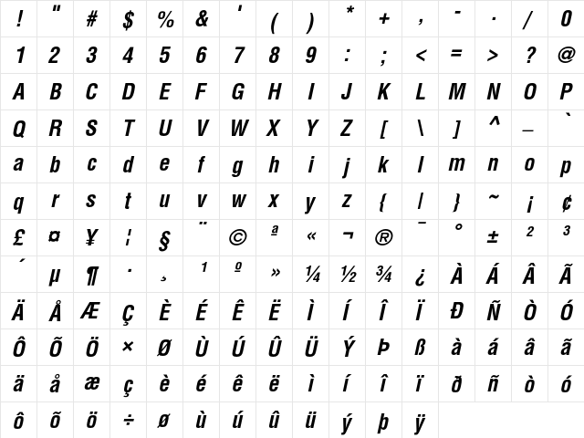 Helvetica .Condensed Bold Oblique  glyph index