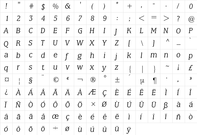 Marbrook BQ Regular  glyph index