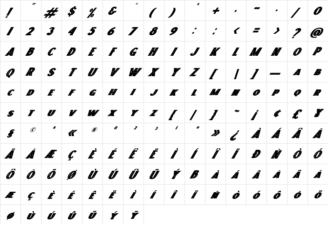 Freakland Italic Regular  glyph index