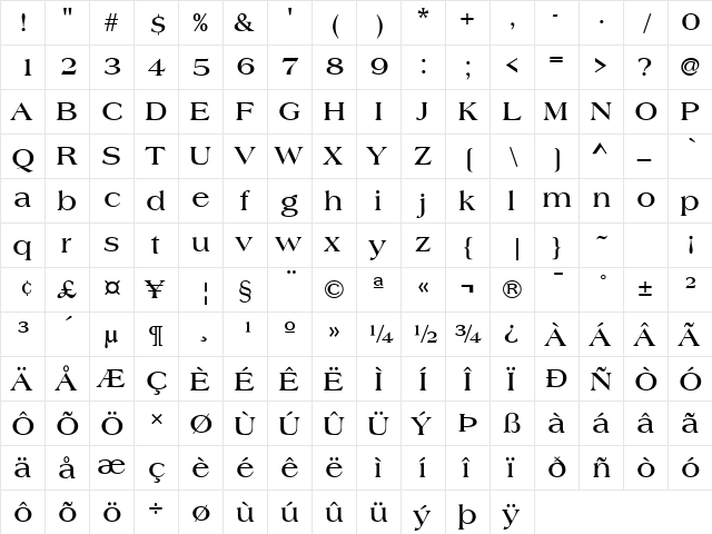 Heritage BOLD  glyph index