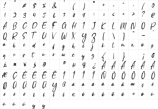 Bellmetta Regular  glyph index