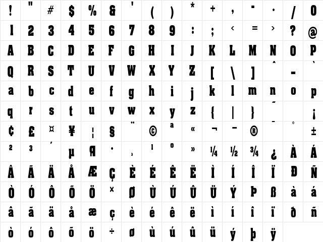 BillboardCondensed Regular  glyph index