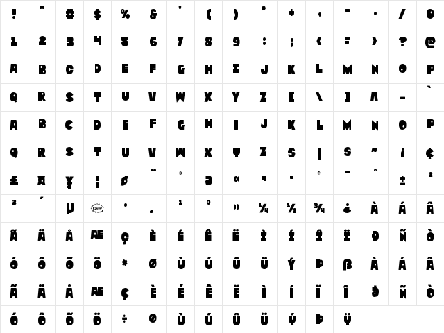 Zounderkite Condensed Condensed  glyph index