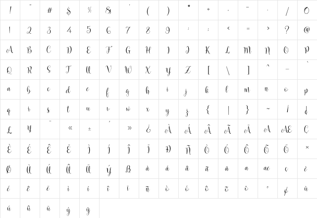 Marcellina Script Regular  glyph index
