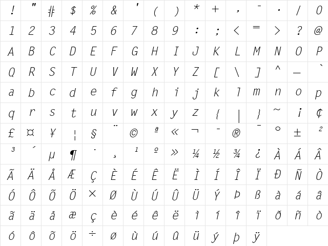 LetterGothic LT Italic  glyph index