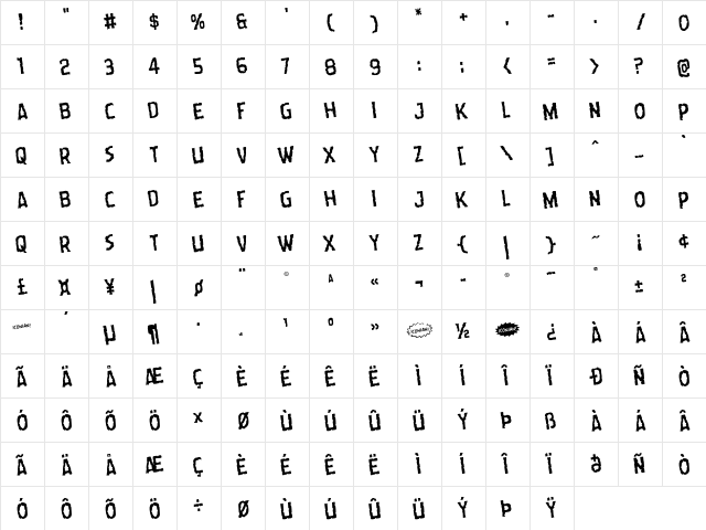 Worm Cuisine Rotated Regular  glyph index