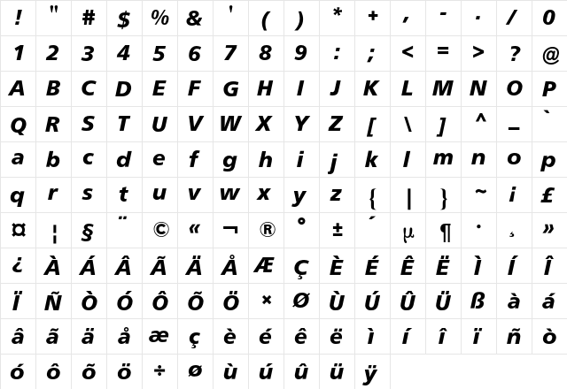 Frutiger BQ Regular  glyph index