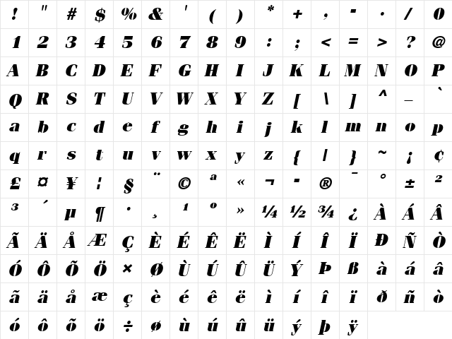 ITCFenice LT Ultra Italic  glyph index