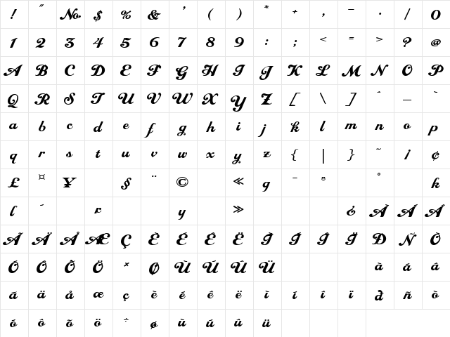 LHF Royal Script Extended Regular  glyph index