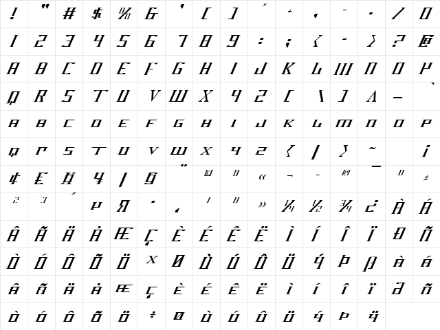 DarkWind Italic Italic  glyph index