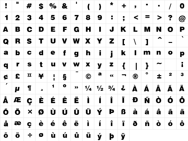 HalvettBlack Regular  glyph index