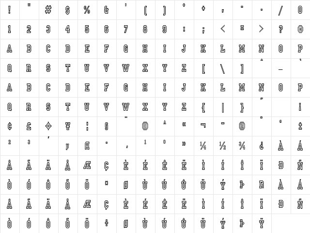 IvyLeagueCondensedOutline Regular  glyph index