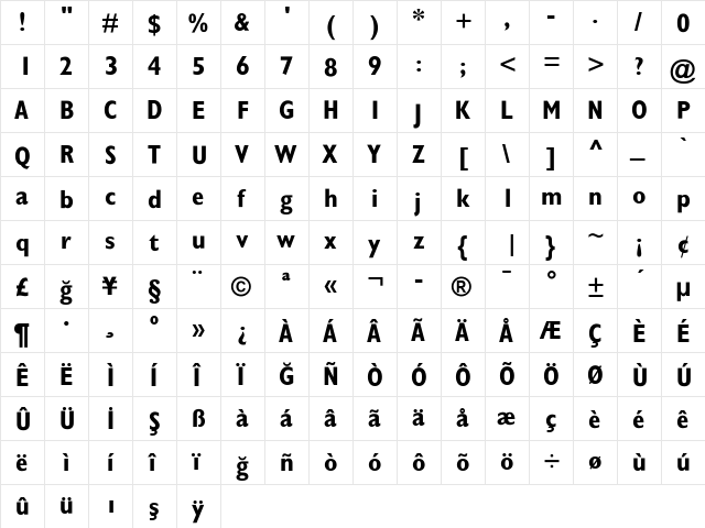 GillSansBoldCondensed Regular  glyph index