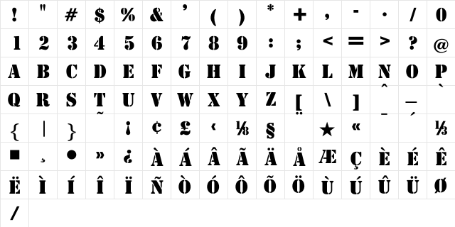 OPTIStencil-Bold Regular  glyph index