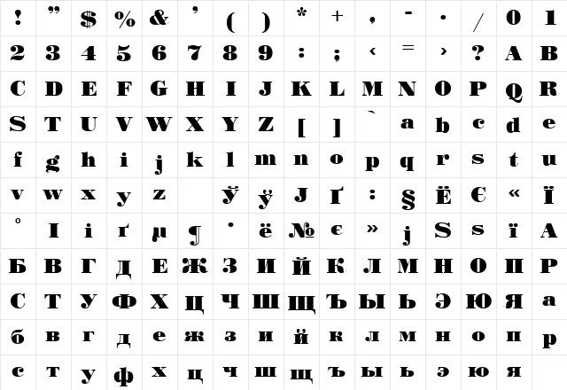 Poster Regular  glyph index