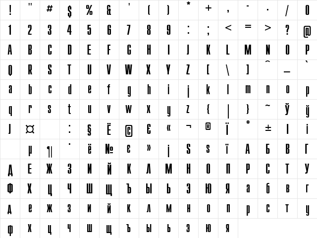 UkrainianCompact Regular  glyph index