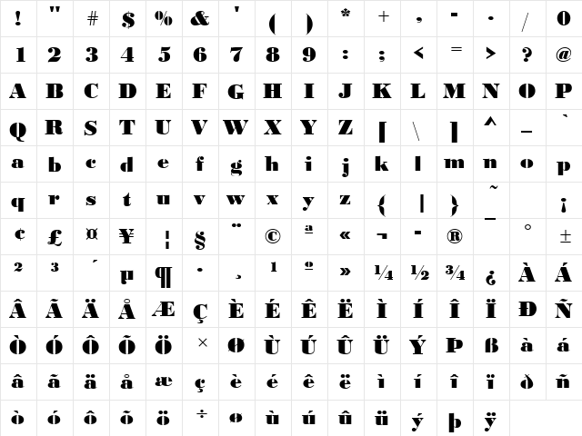 BodoniDBla Regular  glyph index
