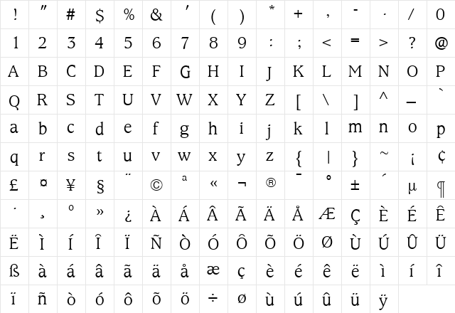 KingsrowLight Roman  glyph index