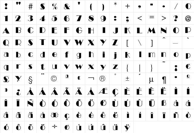Broadway Medium  glyph index