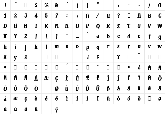 Waterloo Bold LET Plain  glyph index