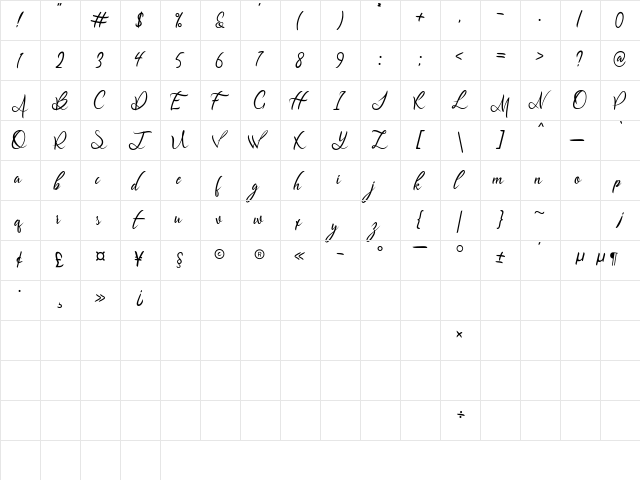 Luthfani Regular  glyph index