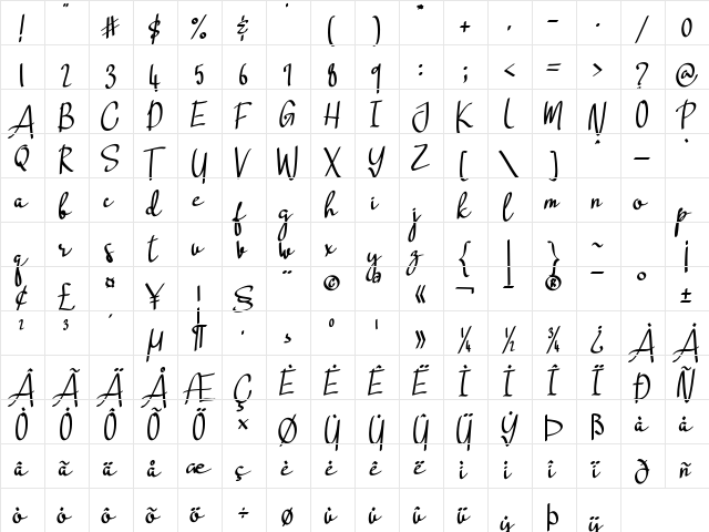 Riding Monday Regular  glyph index