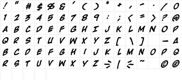 Rooftop Run Bold  glyph index