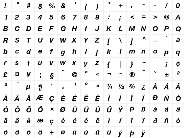 Helvetica Neue LT Std 76 Bold Italic  glyph index