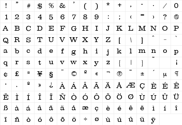 Clarendon-Serial-Light Regular  glyph index
