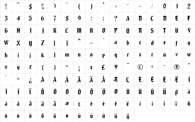 Caligra MN Regular  glyph index