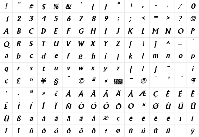 Alberta Bold Italic  glyph index