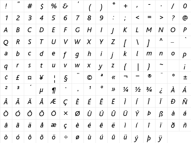 BlissItalic Regular  glyph index