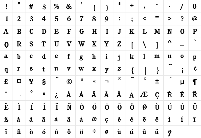 CushingEF-Bold Regular  glyph index