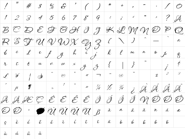 Aquarelle Regular  glyph index