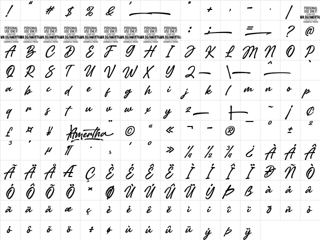 Amertha PERSONAL USE ONLY Regular  glyph index