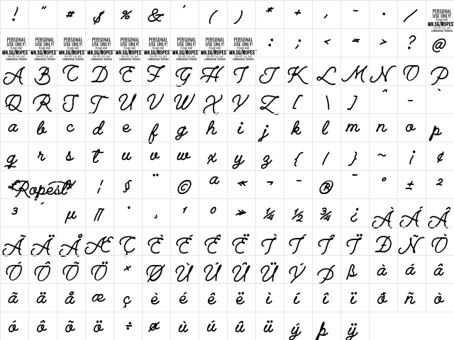 Ropest Black PERSONAL USE ONLY Regular  glyph index