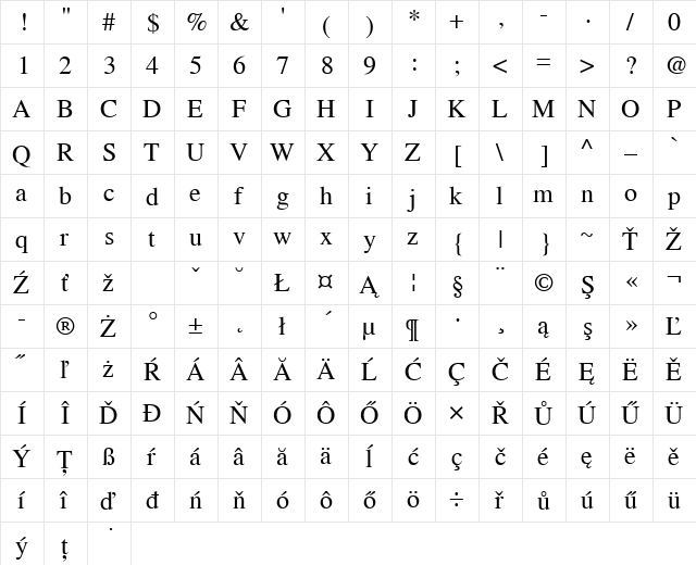 NimbusRomNo9LEE Regular  glyph index