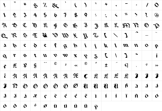 Paganini Lefty Regular  glyph index