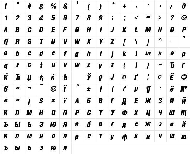AGLettericaCondensedLight BoldOblique  glyph index