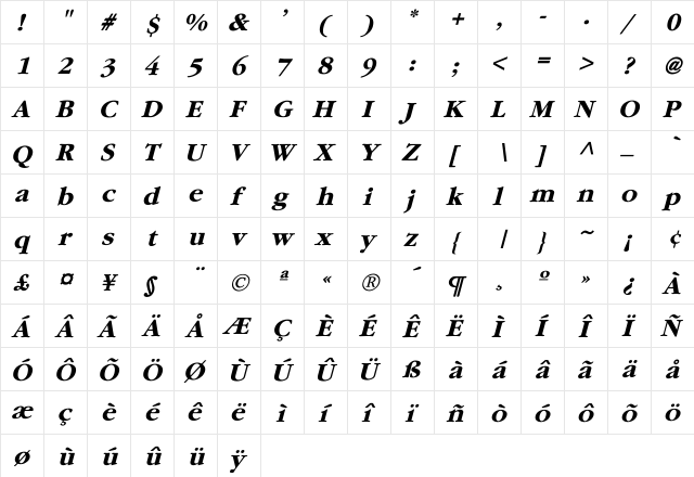 Garamond-Bold Italic Italic  glyph index