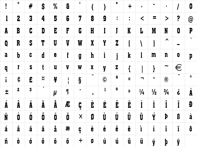 AcheThin Bold  glyph index