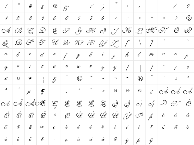 Allegretto Script Two Regular  glyph index