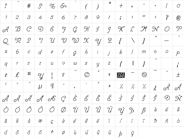 Pentip Regular  glyph index