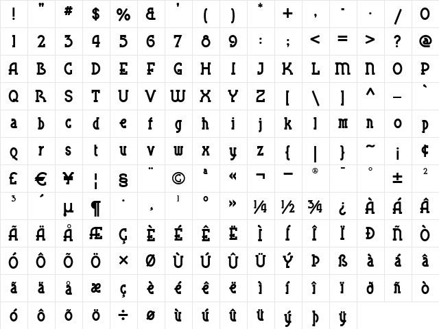 BluePlateSpecialSW Regular  glyph index