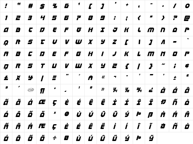 Laser Corps Condensed Italic Regular  glyph index