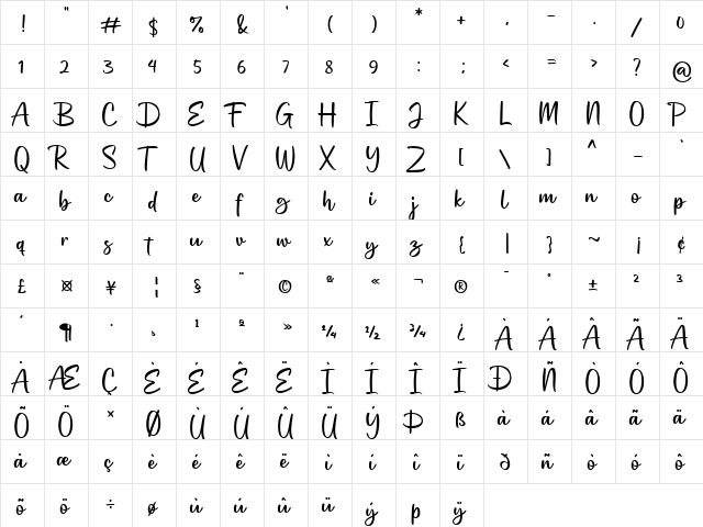Wenistar Regular  glyph index