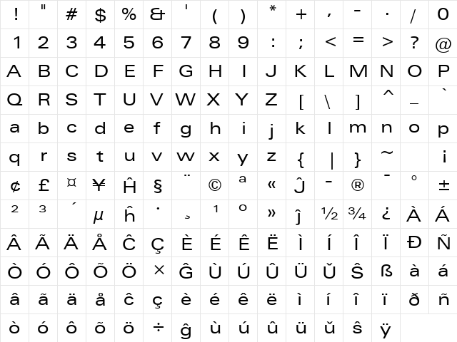 Zurich Eo Regular  glyph index