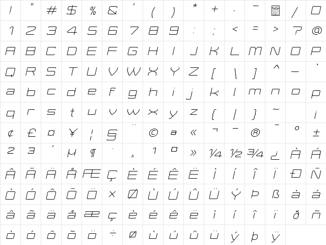 Move-X Light Italic  glyph index