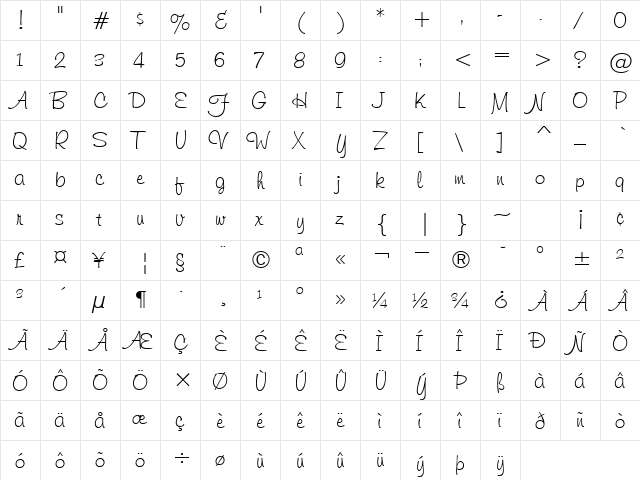 Freehand591 BT Normal  glyph index