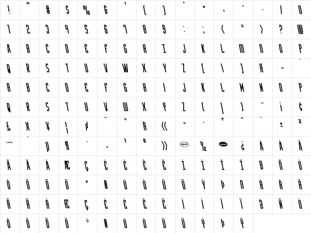 Y-Files Leftalic Italic  glyph index